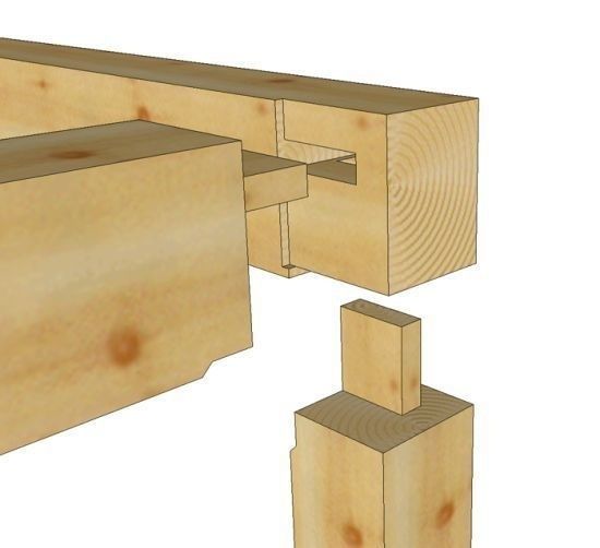 Illustration einer lösbaren Holzverbindung mit ineinandergreifenden Bauteilen