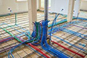 Viele bunte Lüftungs- und Installationsrohre im Rohbau eines Gebäudes
